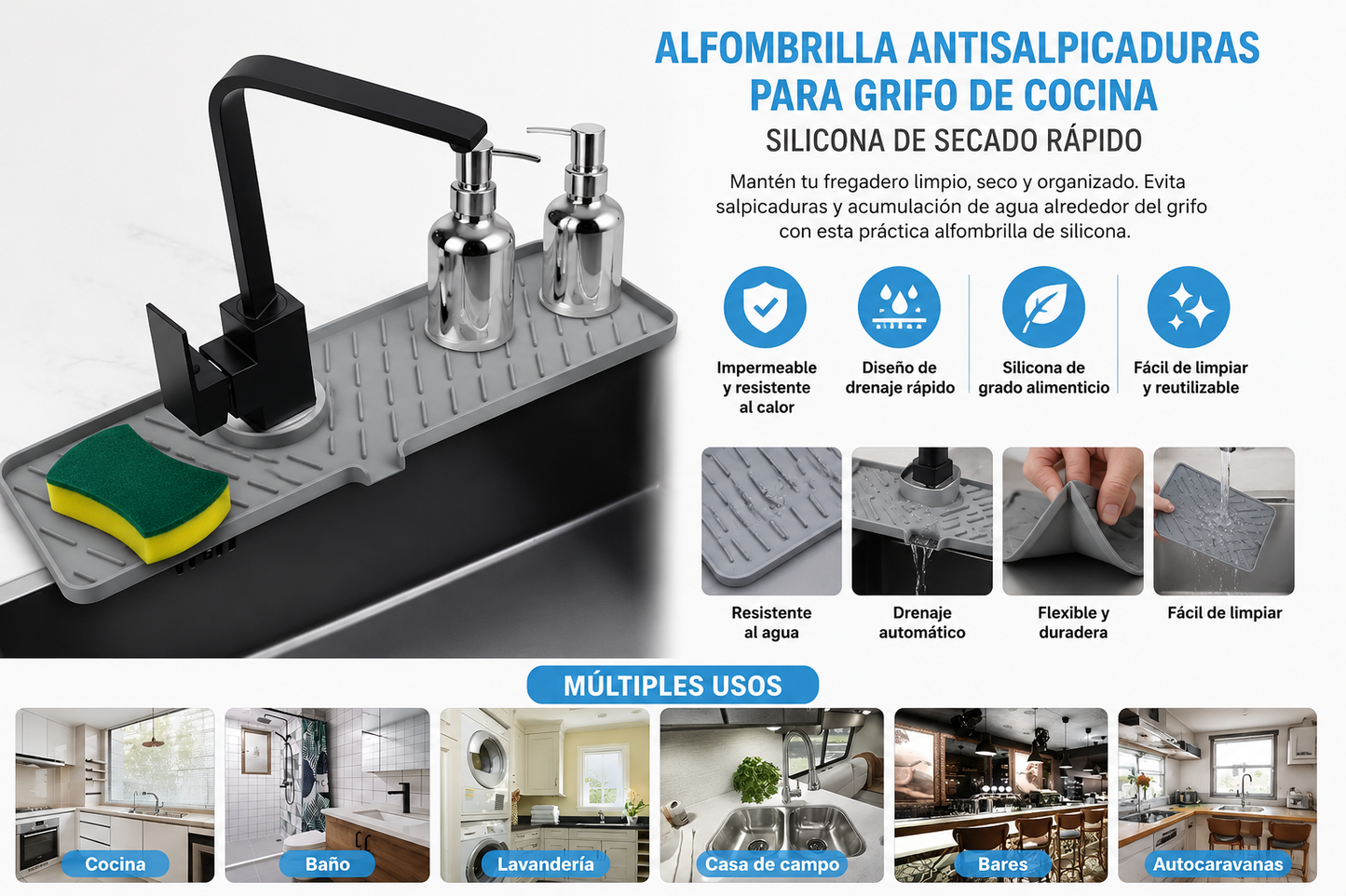 Alfombrilla Antisalpicaduras para Grifo de Cocina | Silicona de Secado Rápido