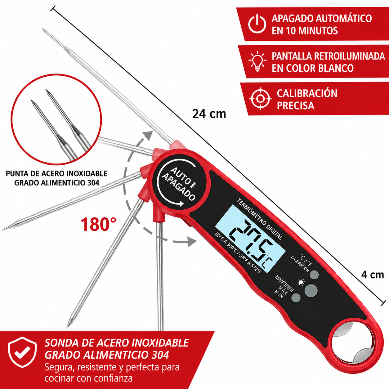 Termómetro Digital de Cocina con Sonda Plegable | Lectura Instantánea en 2 Segundos