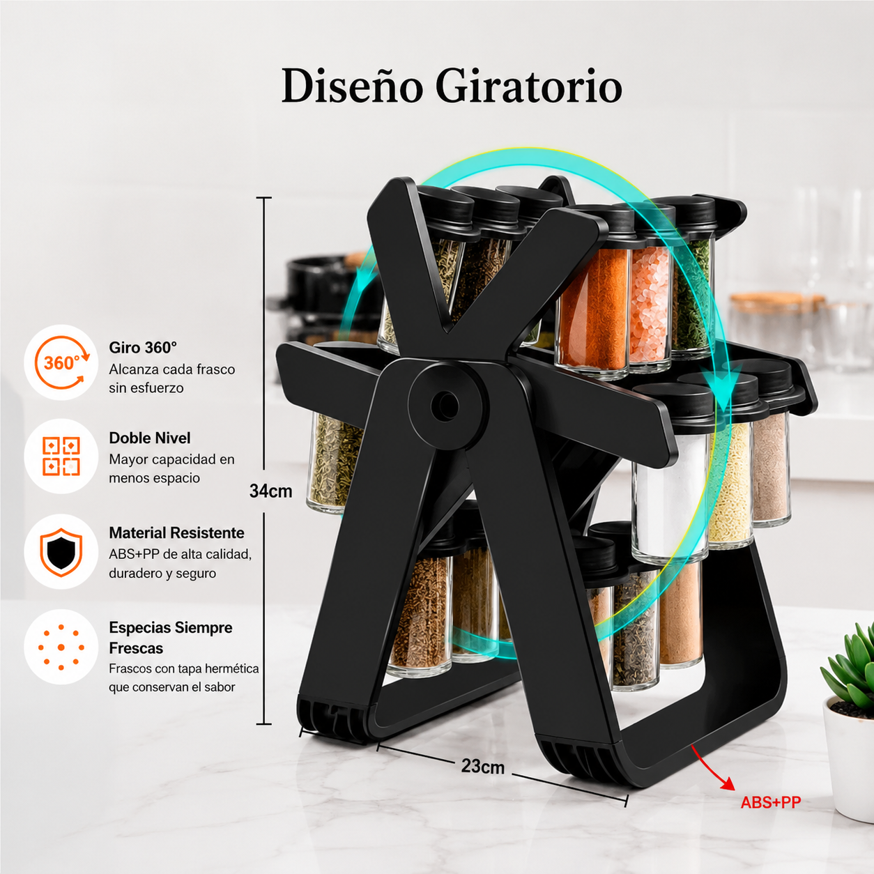 Especiero Giratorio 360° con Botes para Especias | Organizador de Cocina Moderno