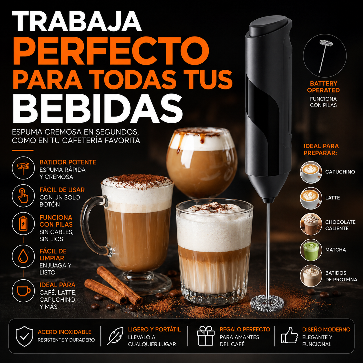 Espumador de Leche Eléctrico | Batidor de Mano para Café, Matcha y Chocolate