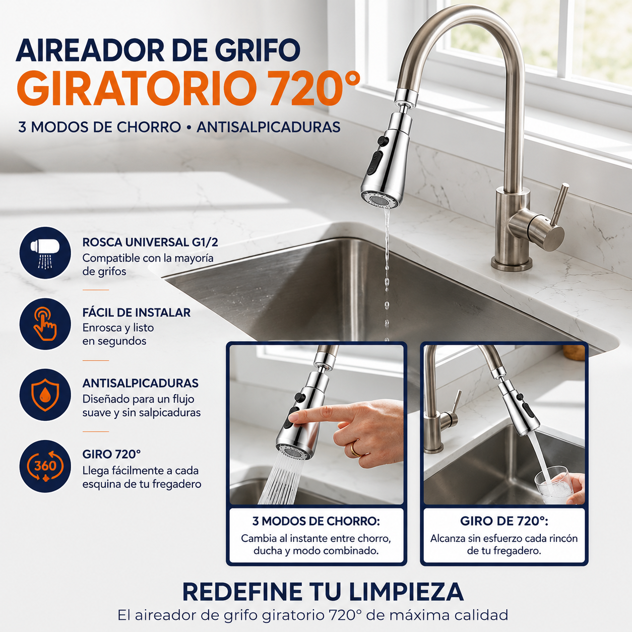 Extensor Giratorio 360° para Grifo | Aireador Universal Antisalpicaduras