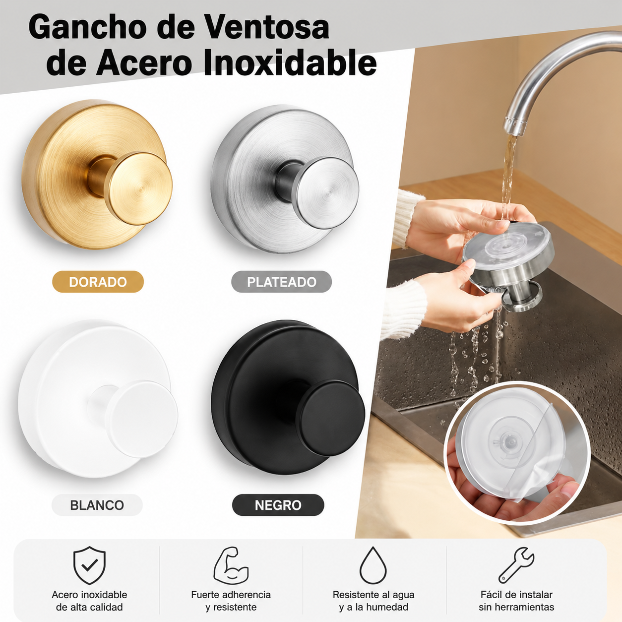 Gancho Adhesivo de Acero Inoxidable Reutilizable | Sin Taladro